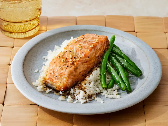 Maple Salmon on white plate with grilled asparagus